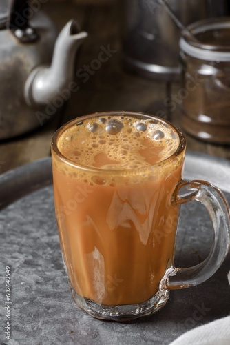 Hot drink tea with milk Malay called Teh Tarik is a popular breakfast drink in Malaysia