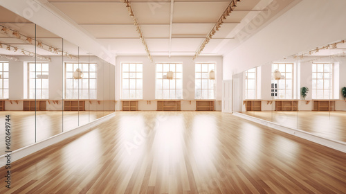 An empty ballet dance studio with wooden floor. Generative AI.