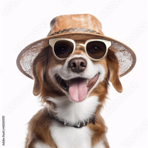 Cute Happy dog in sunglasess and hat for summer. Generative Ai photo