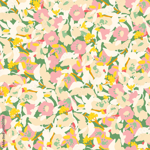 Abstract floral seamless pattern. Bright colors, gouache painting.