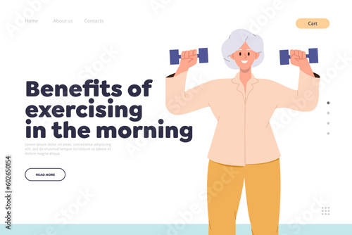 Benefits of exercising in morning sport for elderly people landing page with aged woman training