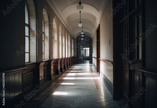 A long hallway with a clock on the wall. AI generative.