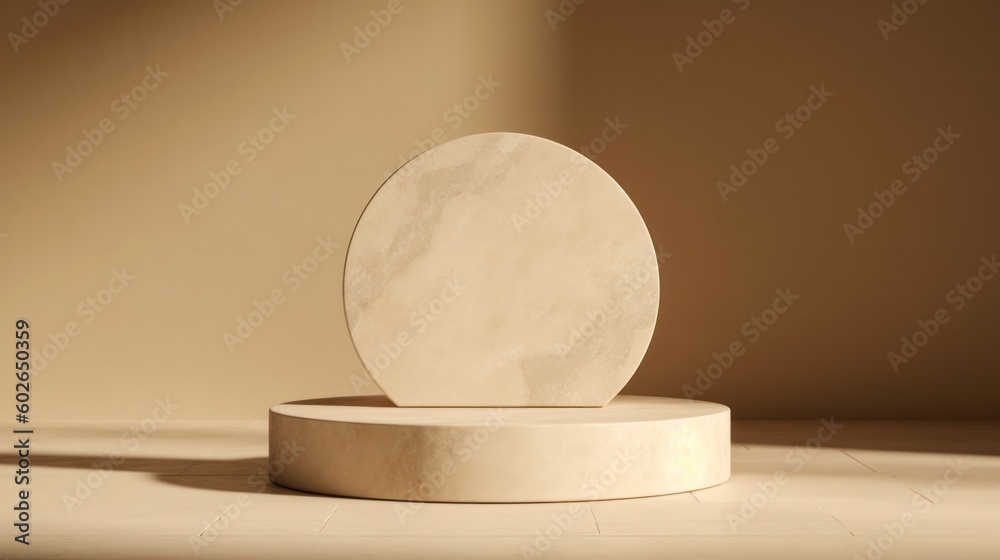 Empty circular limestone podium on beige color background, minimalist concept, natural lighting. Generative AI. Empty circular limestone podium on beige color background, minimalist concept, natural lighting. Generative AI.