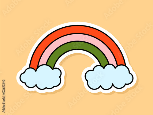 Vector Retro Rainbow with Clouds sticker isolated on yellow background. 70s style cartoon simple weather symbol with white background