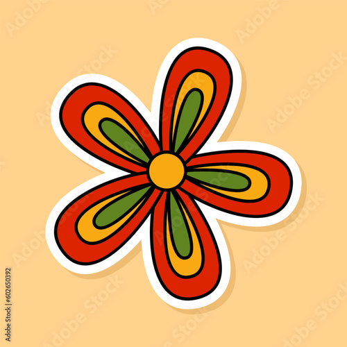 Vector Retro Flower sticker isolated on yellow background. 70s style cartoon rainbow flower head with white contour