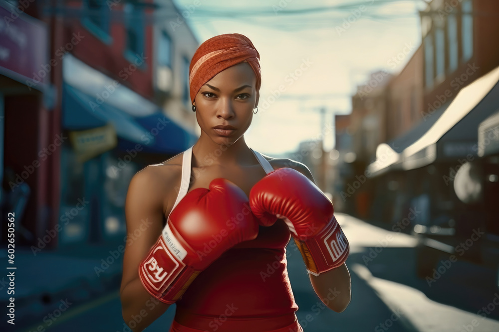 Focused Female Boxer with Red Gloves: Close-up of a young dark-skinned female boxer with a serious expression, posing on the street with red boxing gloves, looking into the camera. Generative AI