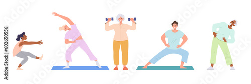Set of sports people characters doing fitness workout, yoga exercise standing in different pose