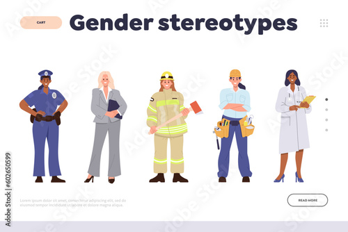 Gender stereotype concept for landing page design template with women characters of male professions photo