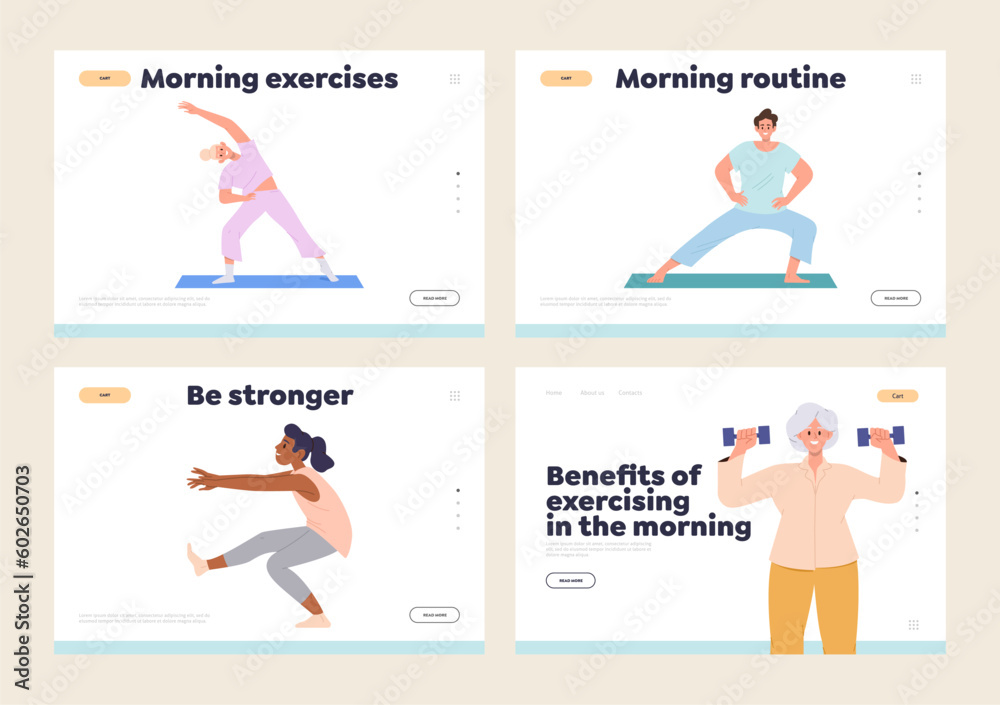Set of sports landing page design template promoting morning workout exercise for people health Set of sports landing page design template promoting morning workout exercise for people health