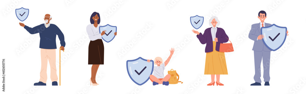 Set of different age insured people, young adult and senior cartoon characters protection concept Set of different age insured people, young adult and senior cartoon characters protection concept