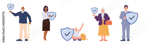 Set of different age insured people, young adult and senior cartoon characters protection concept