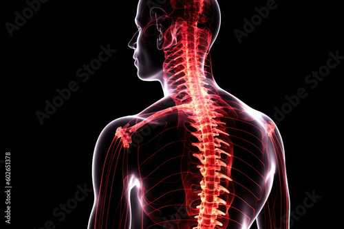 Overcoming Postural Issues. Man with poor posture and back pain in a dark setting. Copy space. Physiotherapy concept AI Generative