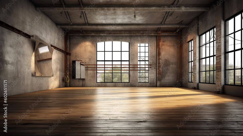 An empty room with large windows and a wooden floor. Generative AI.