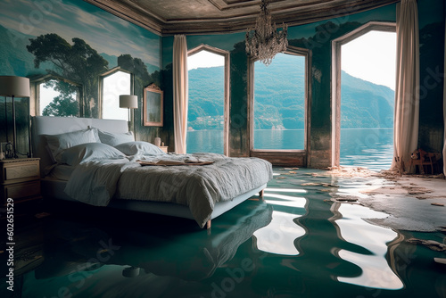 Bedroom melting into the lake water. AI generated.