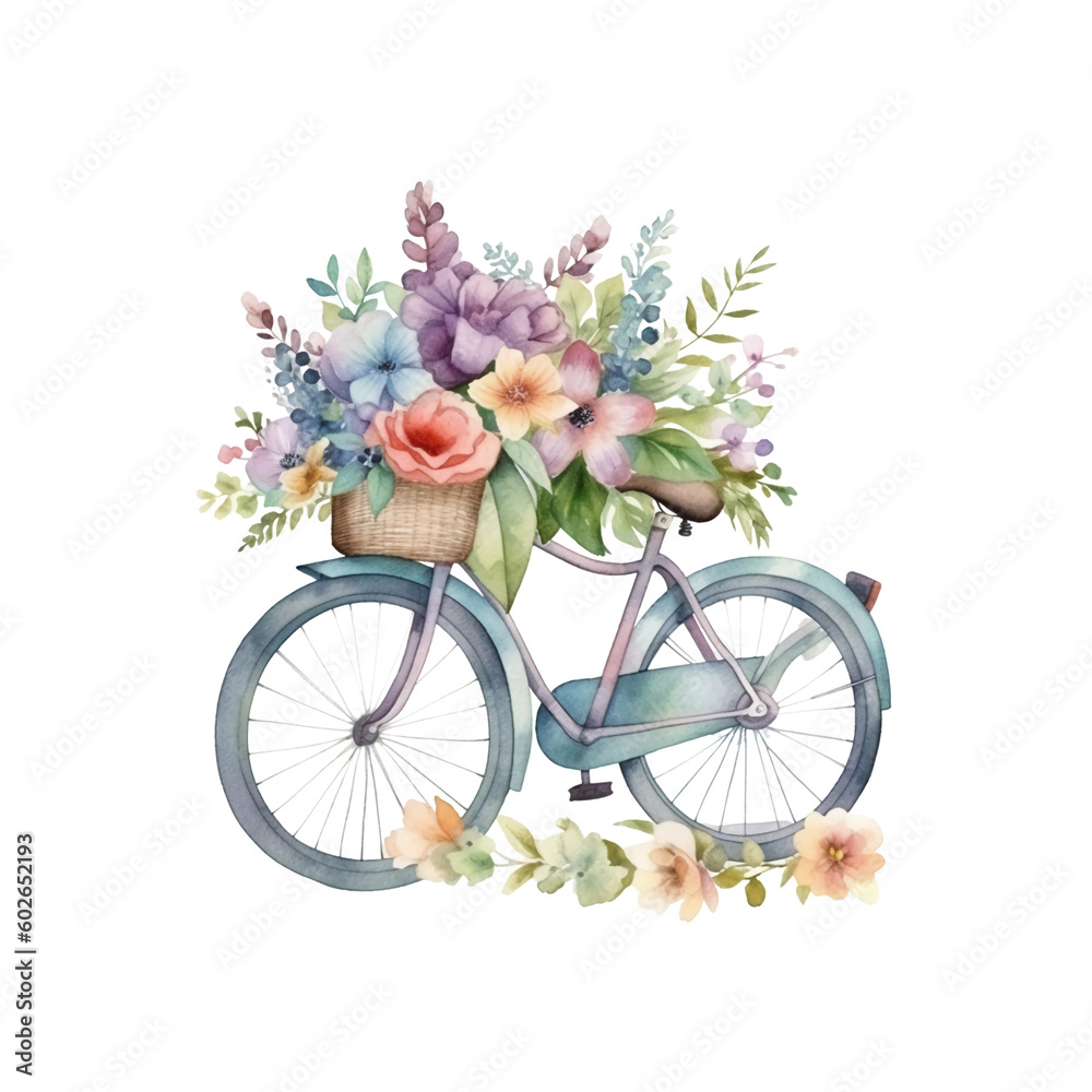 Whimsical Watercolor Illustration Adorable Bike Adorned with Blooming Flowers, transparent background,,Created by Generative AI