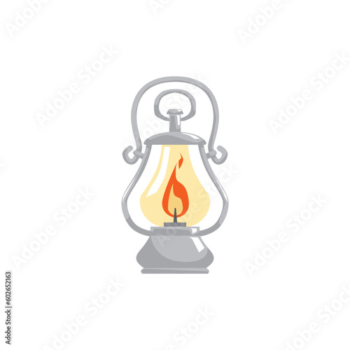 Gray vintage lantern with burning wick flat style, vector illustration