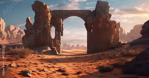 Fotografia desert landscape with ancient lost city ruins with huge gate , background, gener