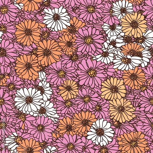 Seamless Colorful Daisy Pattern.  Seamless pattern of daisys in colorful style. Add color to your digital project with our pattern! © MDQDigital