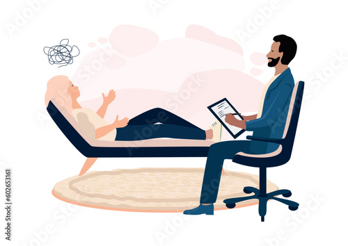 The patient is in the psychologist's office and talks about his experiences and problems. Consultation and assistance of a psychologist. Vector illustration in a flat style.