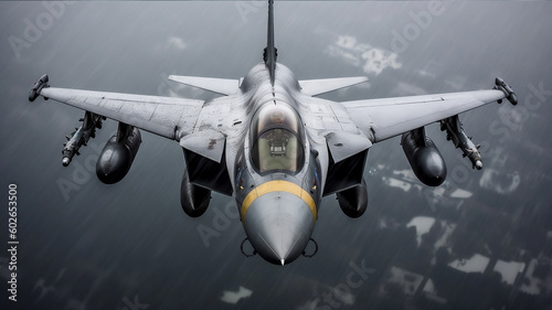 F-16 Fighting Falcon in Rainy grey Sky. Generative AI