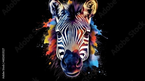 Head of a zebra watercolor abstract style black backgroun. Generative ai
