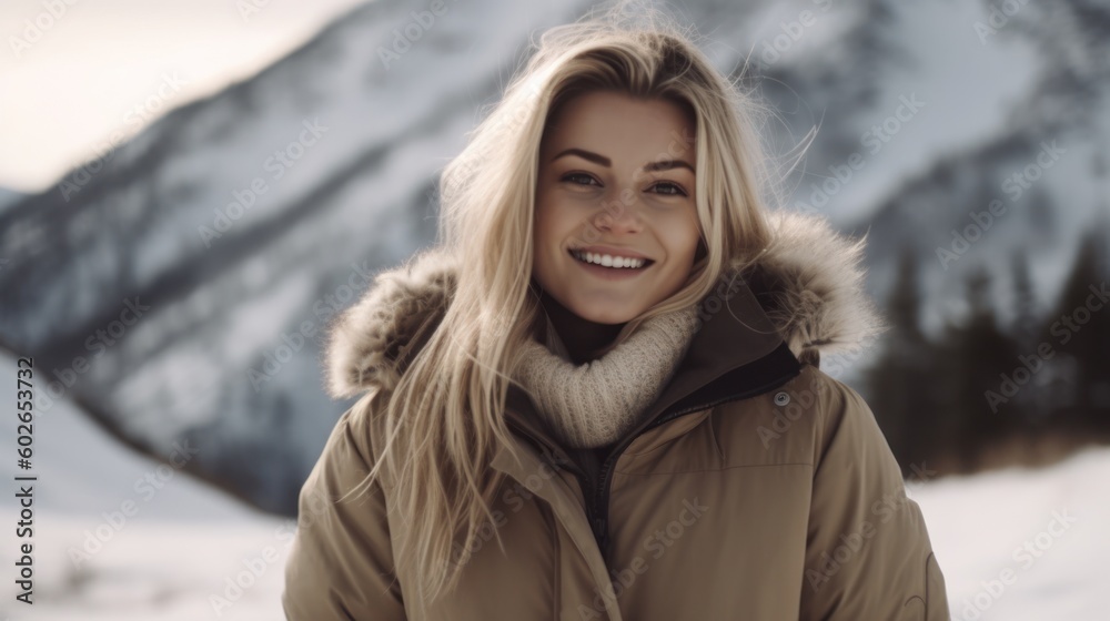 Beautiful woman smiling in warm jacket in snowy mountains. Generative AI Beautiful woman smiling in warm jacket in snowy mountains. Generative AI