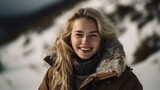 Beautiful woman smiling in warm jacket in snowy mountains. Generative AI