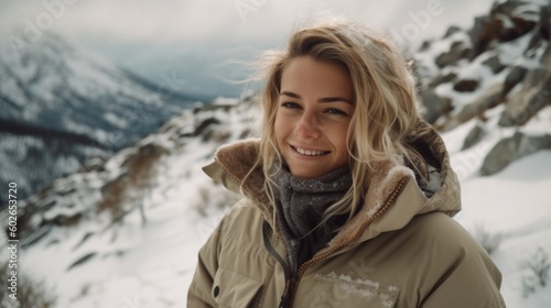 Beautiful woman smiling in warm jacket in snowy mountains. Generative AI
