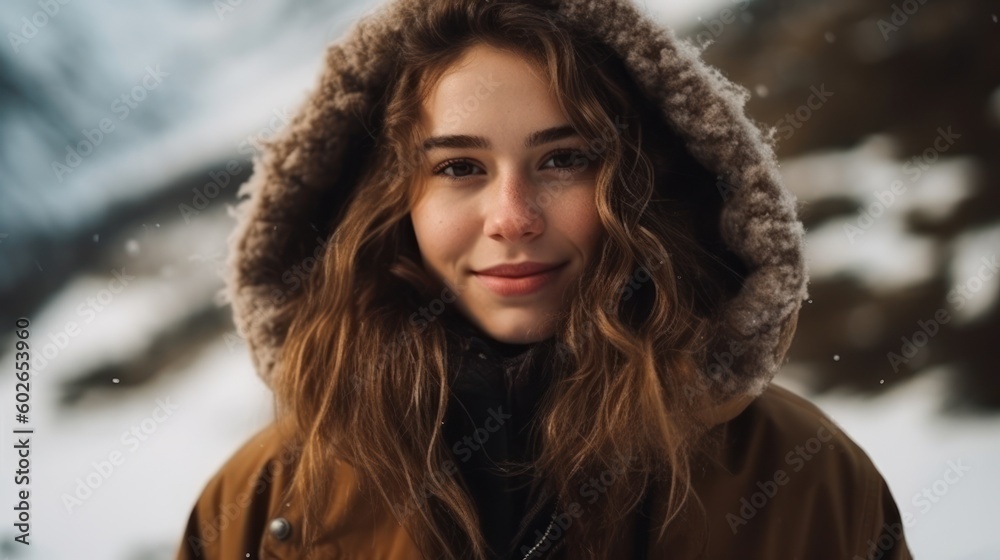 Beautiful woman smiling in warm jacket in snowy mountains. Generative AI Beautiful woman smiling in warm jacket in snowy mountains. Generative AI