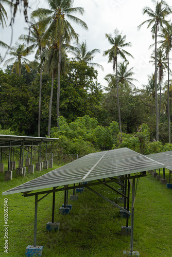 Solar power plant energy panels on tropical island Gili Air, Indonesia. Cloudy day, tropical forest