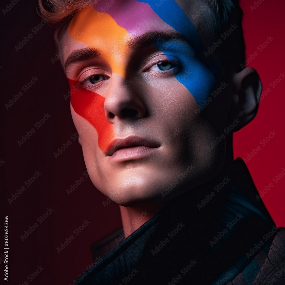 High fashion, beauty portrait of young man model with avant garde fashion art makeup, attention grabbing closeup male face, soft light, rhythmic composition, AI generative High fashion, beauty portrait of young man model with avant garde fashion art makeup, attention grabbing closeup male face, soft light, rhythmic composition, AI generative