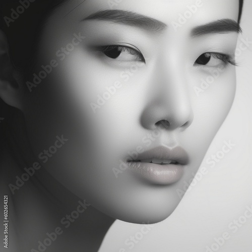 closeup shot of a beautiful young Asian woman, attention grabbing closeup woman face, soft light, rhythmic composition, AI generative