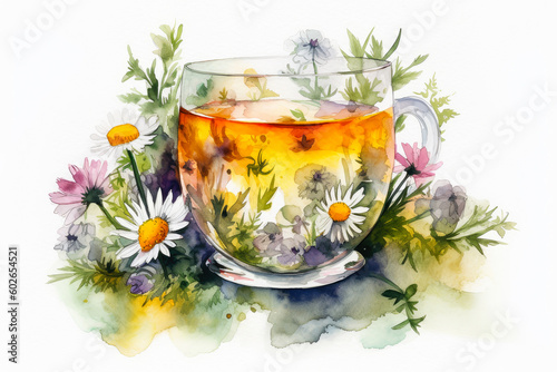 A cup of tea or coffee decorated with flowers. Summer morning drink. Generative Ai