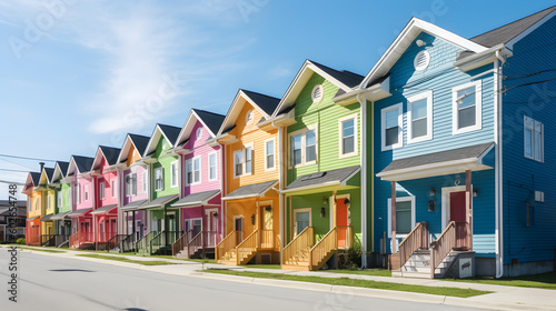 a row of colorful house on empty street with clear blue sky created with Generative AI