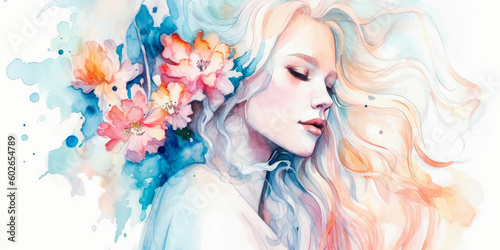 Watercolor young woman with flowers portrait art. Colorful creative watercolor illustration. Generative Ai