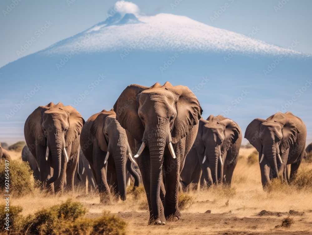 Elephants Against the Backdrop of Mount Kilimanjaro - AI Generated
