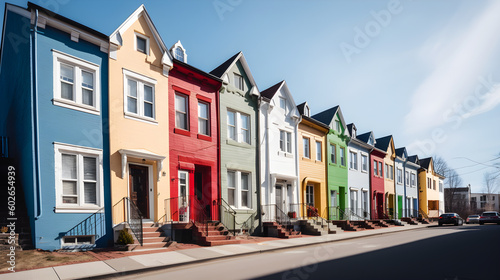 a row of colorful house on empty street with clear blue sky created with Generative AI