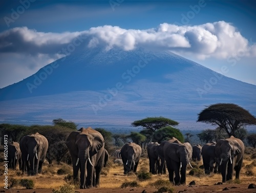 Elephants Against the Backdrop of Mount Kilimanjaro - AI Generated © dasom