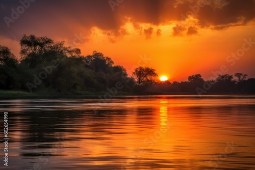 Fiery African Sunset on the Zambezi River - AI Generated