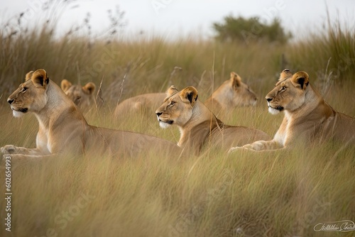 A Pride of Lions Lounging in the Savanna - AI Generated
