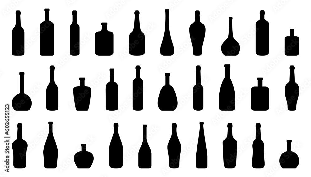 Set of alcohol bottle silhouette icon. Black alcohol bottle collection - obrazy, fototapety, plakaty 