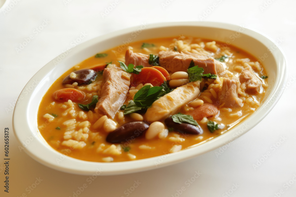 Authentic Taste of Porto - Portugal. Experience the iconic Tripas à Moda do Porto, a hearty dish of tripe, sausages, beans, and vegetables. white background. AI Generative Authentic Taste of Porto - Portugal. Experience the iconic Tripas à Moda do Porto, a hearty dish of tripe, sausages, beans, and vegetables. white background. AI Generative