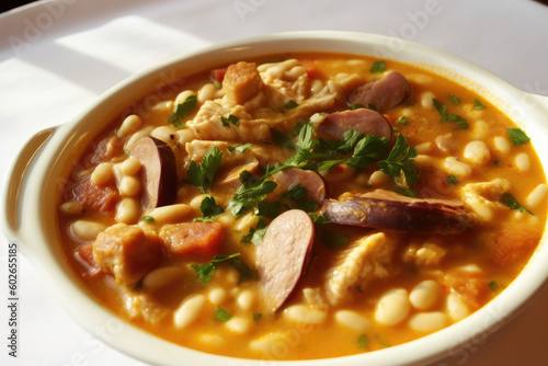  Authentic Taste of Porto - Portugal. Experience the iconic Tripas à Moda do Porto, a hearty dish of tripe, sausages, beans, and vegetables. white background. AI Generative