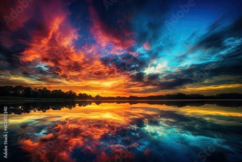 Intensely Colorful Sunset Over Lake - AI Generated