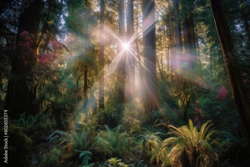Vibrant Forest Sunlight Streaming - AI Generated © dasom