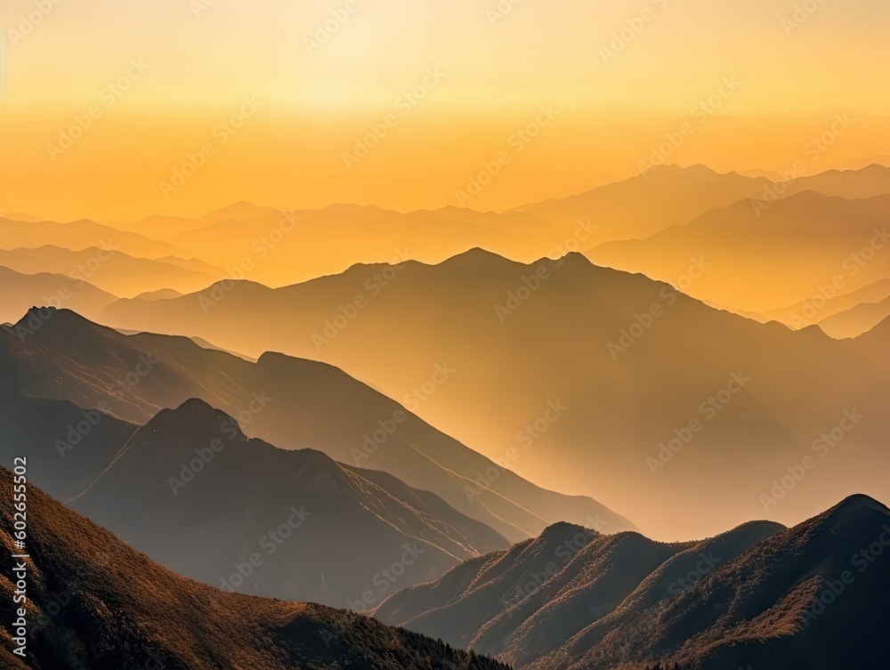Majestic Mountain Range Under Golden Sunrise - AI Generated
