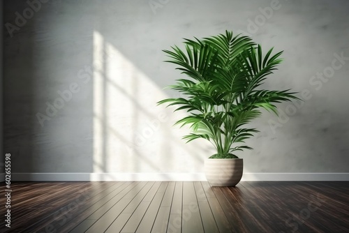 Cement Wall with Tropical Dracaena Tree on Parquet Floor, Ai Generated.