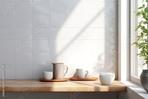 Clean White Marble Countertop with Ceramic Tableware for Product Display. Ai Generated