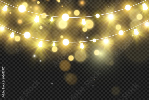Christmas bright, beautiful lights, design elements. Glowing lights for design of Xmas greeting cards. Garlands, light Christmas decorations.	
