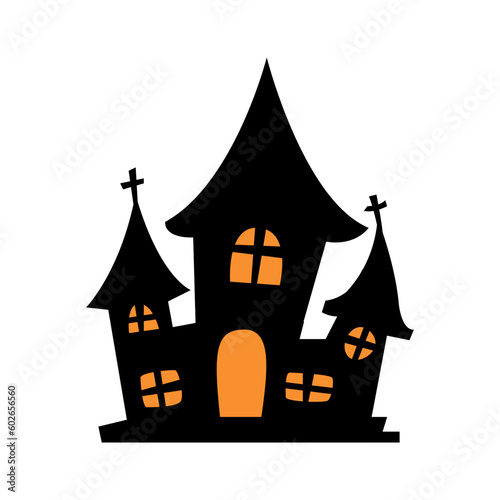 silhouette of vampire castle Scary ghost house on Halloween night.